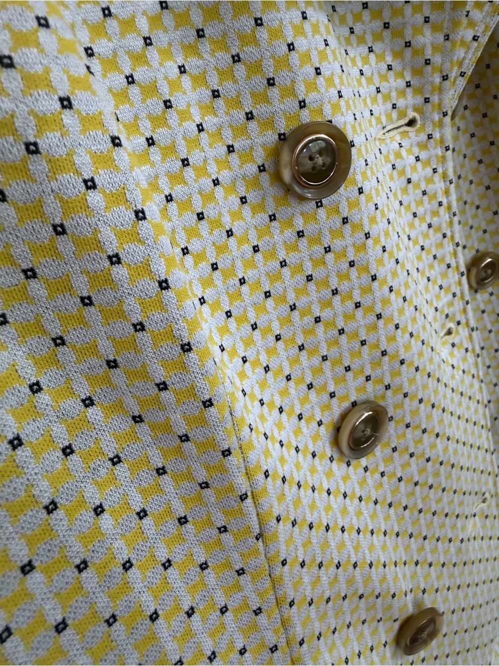 CAbi Hobnob Topper - Yellow Patterned Double-Breasted Peacoat with Ruffle Hem - Picture 3 of 10